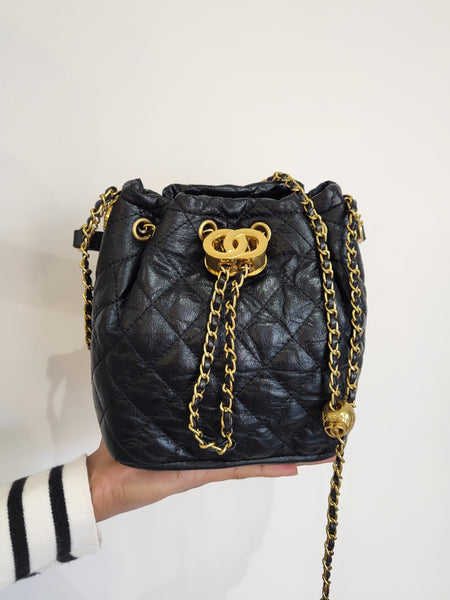 Black Quilted Gold Chain Bucket Bag