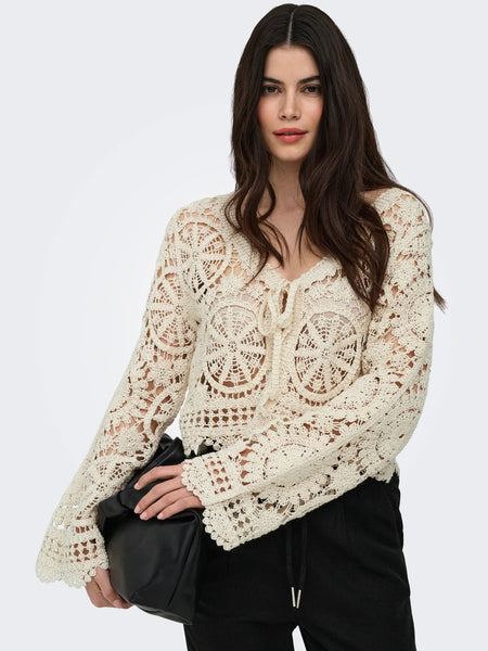 Only Tie Front Crochet Cardigan In Cream