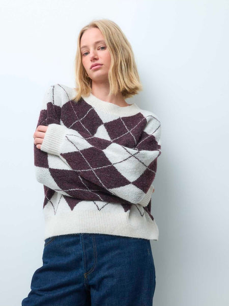 VM Oversized Argyle Knitted Jumper In Burgundy & Cream