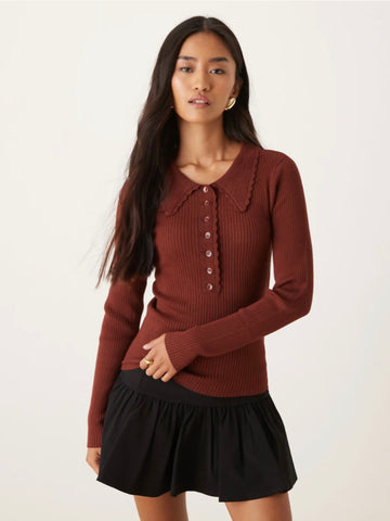 JDY Collared Button Front Ribbed Top In Rust
