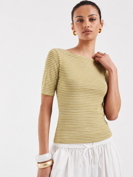 VM Pinstripe 3/4 Sleeve Boat Neck Top In Green