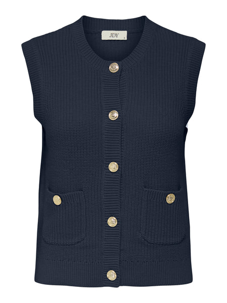 JDY Knitted Round Neck Button Up Waistcoat In Navy