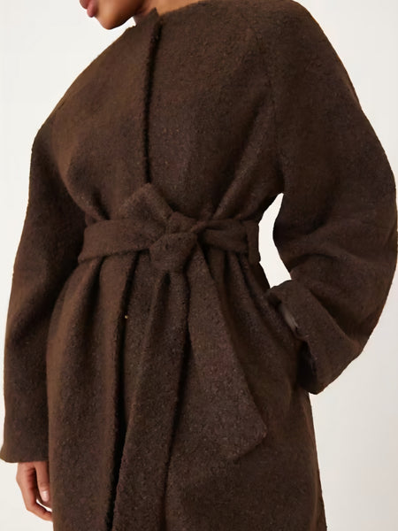Vila Round Neck Classic Belted Coat In Chocolate Brown