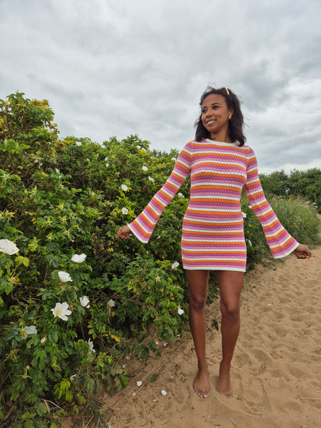 Something New Pink Crochet Long Sleeve Mini Dress