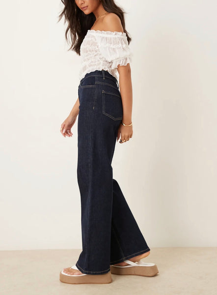 JDY High Waist Wide Leg Jeans In Dark Blue