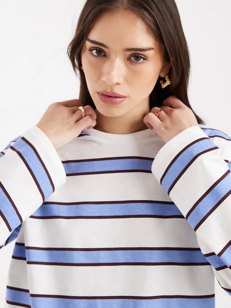 Pieces Long Sleeve Oversized Rugby Tshirt In Chocolate Blue Stripe