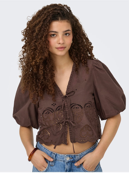 Only Embroidered Tie Front Short Sleeve Top In Brown