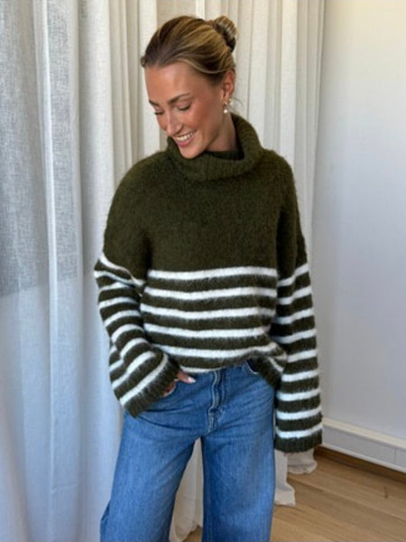 Only Rollneck Fluffy Oversized Knit Jumper In Green Stripe