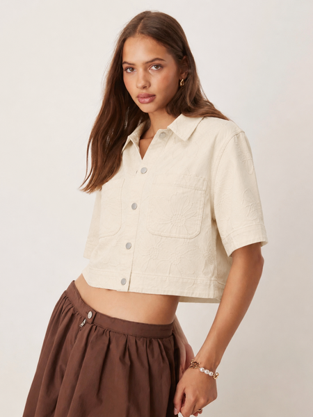 JDY Short Sleeve Floral Embroidered Denim Shirt In Cream
