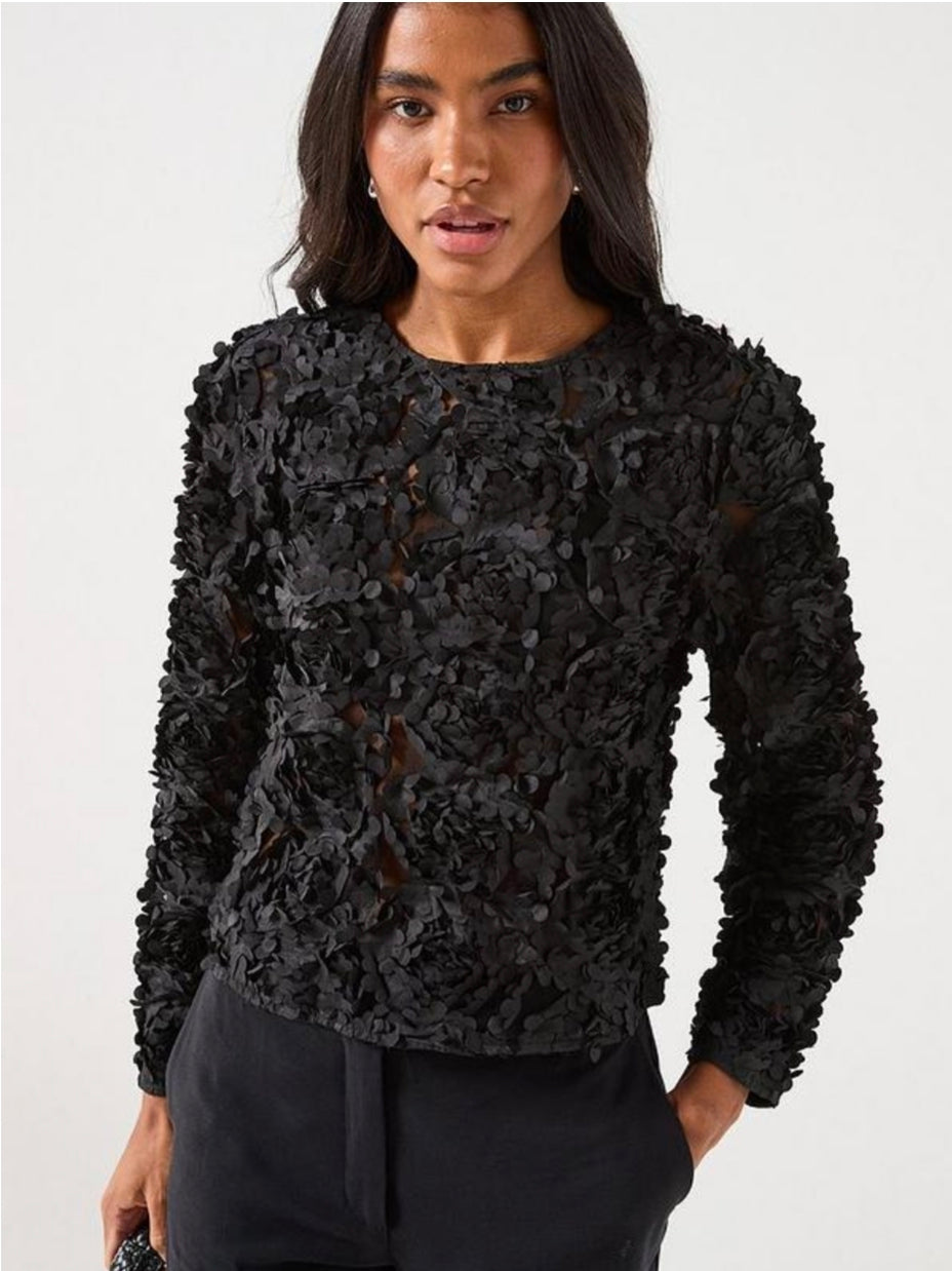 Only Rose Bloom 3D Textured Long Sleeve Top In Black