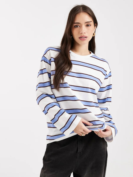 Pieces Long Sleeve Oversized Rugby Tshirt In Chocolate Blue Stripe
