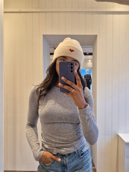 Only Embroidered Heart Knit Beanie in Cream