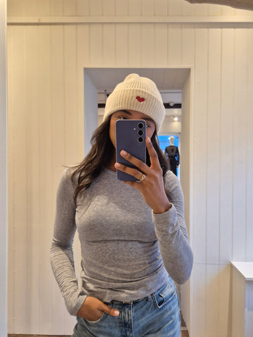 Only Embroidered Heart Knit Beanie in Cream