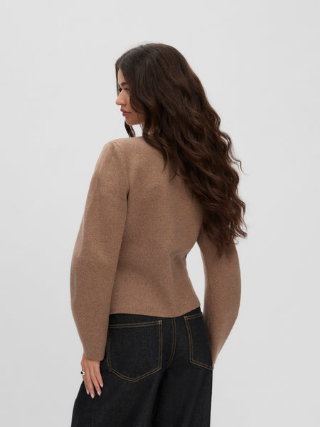 VM Premium Structured Round Neck Knit Cardigan In Camel