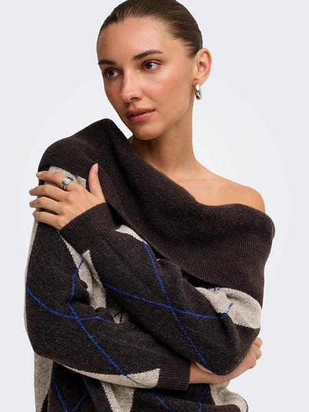 Only Off The Shoulder Argyle Check Knit Jumper In Brown