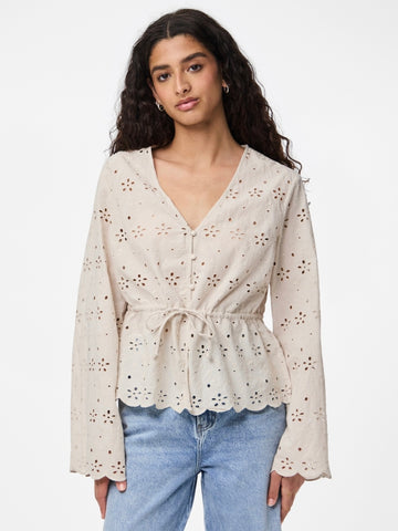 Pieces Tie Front Long Sleeve Broderie Anglaise Blouse