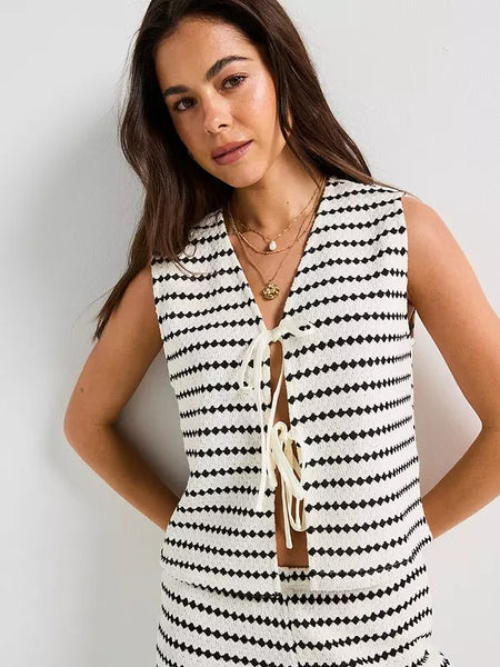 Only Tie Front Waistcoat & Wide Leg Knit Trouser Co-ord Set In Black Stripe - Items Sold Separately