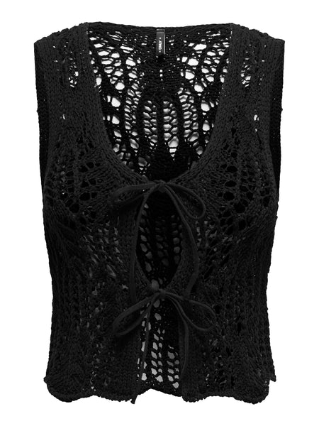 Only Crochet Tie Front Knit Waistcoat In Black
