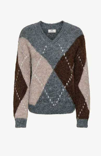 JDY V-neck Argyle Knit Jumper In Grey