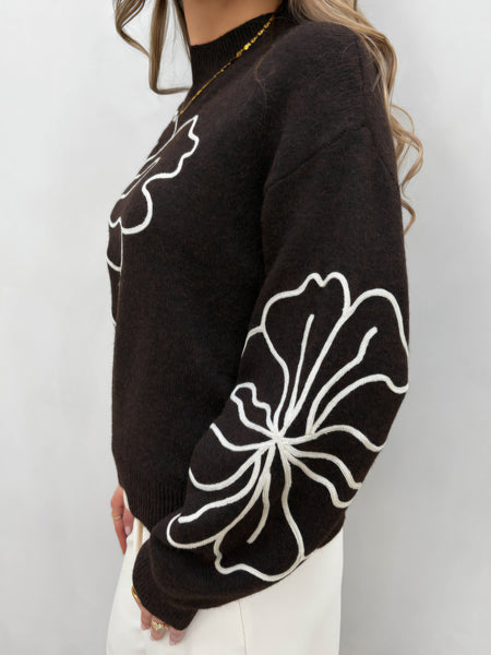 JDY Flower Stitch Jumper In Brown
