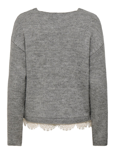 JDY Long Sleeve Vneck Lace Trim Knitted Jumper In Grey