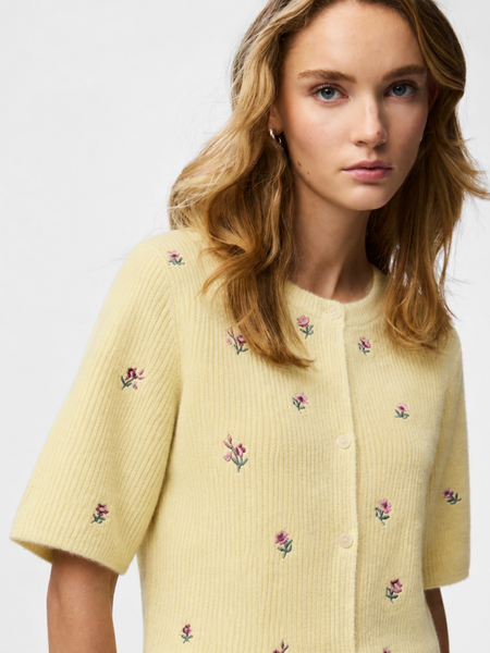 Pieces Embroidered Knit Short Sleeve Cardigan In Lemon