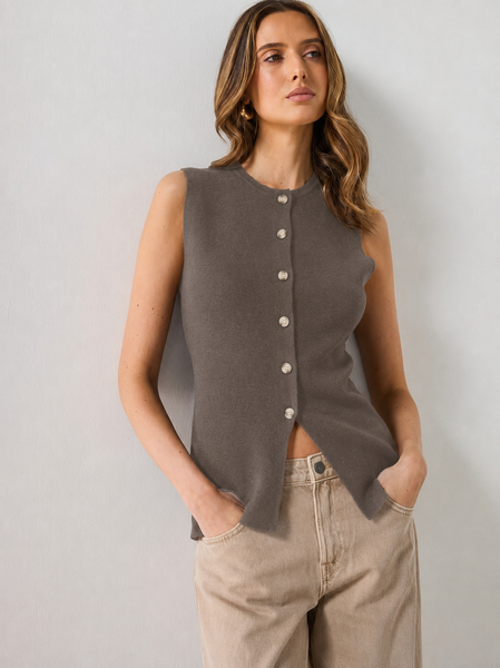 Vila Round Neck Knitted Waistcoat In Taupe
