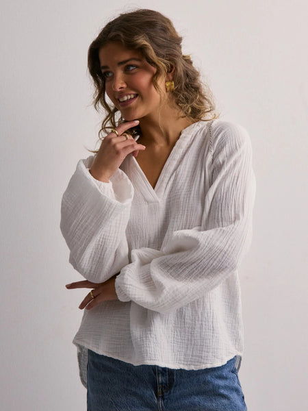 Only V-neck Balloon Sleeve Cheesecloth Blouse