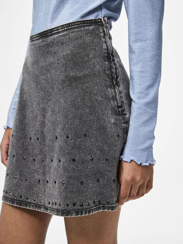 Pieces Grey Denim Diamante Mini Skirt