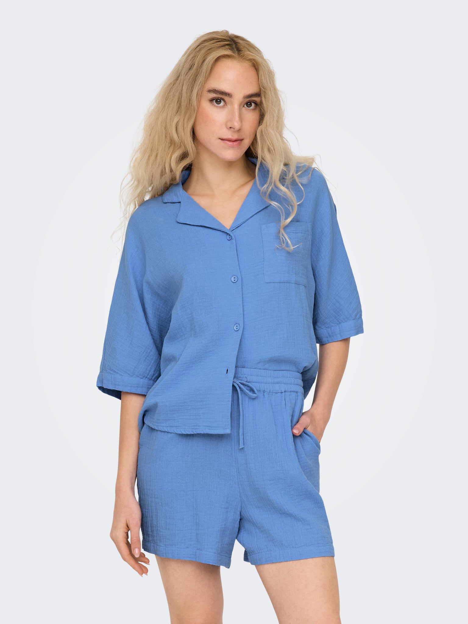 Only Cheesecloth Short Sleeve Shirt & Shorts In Blue - Co-ord