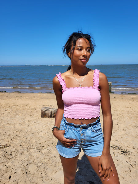 VM Elasticated Shirred Crop Top In Pink