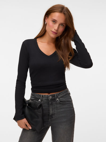 VM Ribbed Long Sleeve V-Neck Top In Black