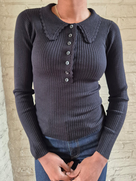 JDY Collared Button Front Ribbed Top In Black