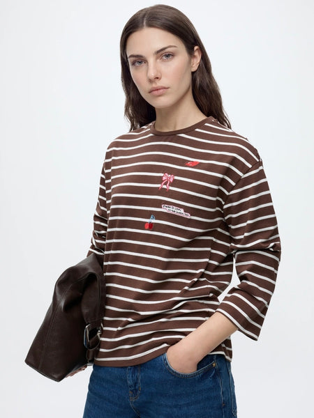 Pieces Long Sleeve Oversized Embroidered Rugby Tshirt In Brown Stripe
