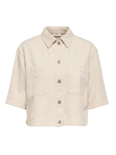 JDY Short Sleeve Floral Embroidered Denim Shirt In Cream