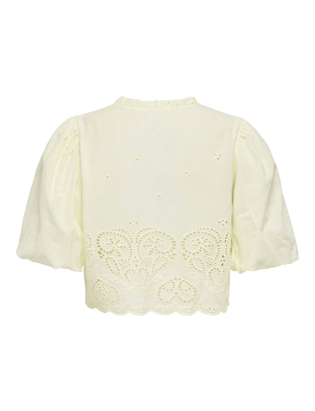 Only Embroidered Tie Front Short Sleeve Top In Pale Lemon