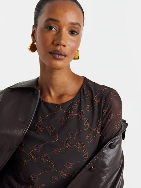 JDY Embroidered Long Sleeve Round Neck Top In Brown