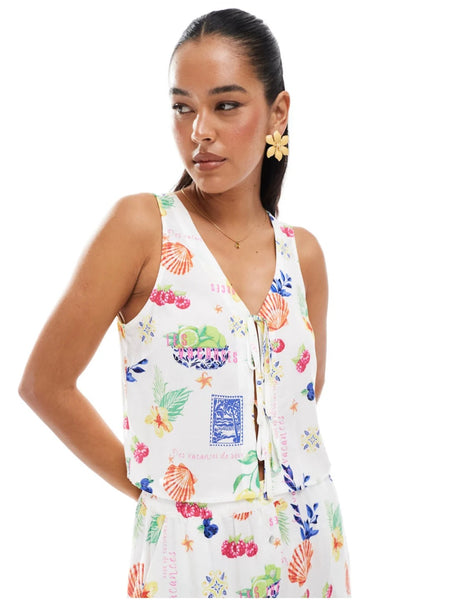 Only Postcard Print Tie Front Waistcoat & Short Co-ord Set