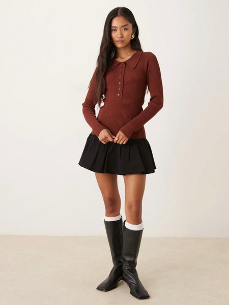 JDY Collared Button Front Ribbed Top In Rust