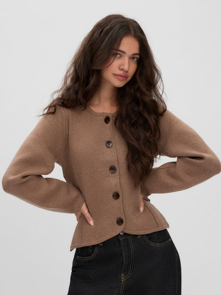 VM Premium Structured Round Neck Knit Cardigan In Camel