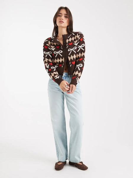 Wednesday's Girl Bow Knitted Cardigan in Brown