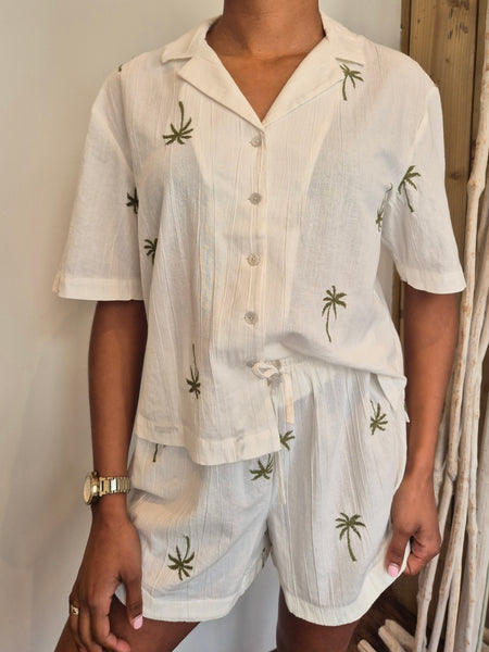 Pieces Cheesecloth Embroidered Palm Tree Shirt & Short Co-ord Set - Items Sold Separately