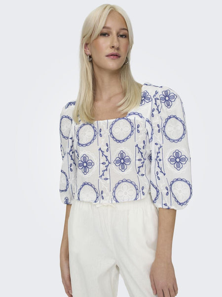 Only Blue Embroidered Open Back Top