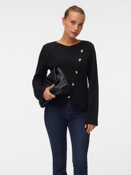 Vm Asymmetric Gold Button Front Long Sleeve Knitted Top In Black