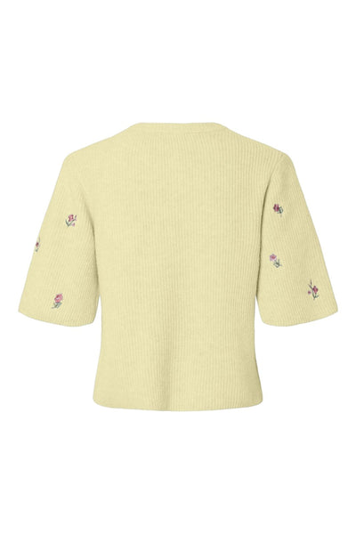 Pieces Embroidered Knit Short Sleeve Cardigan In Lemon