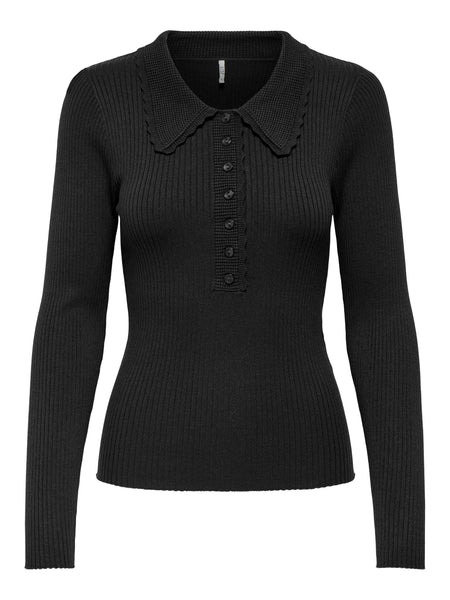 JDY Collared Button Front Ribbed Top In Black