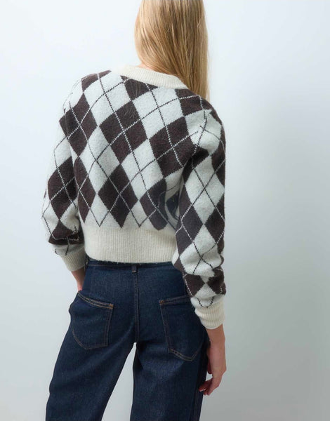 VM Brown Argyle Cropped Knit Cardigan