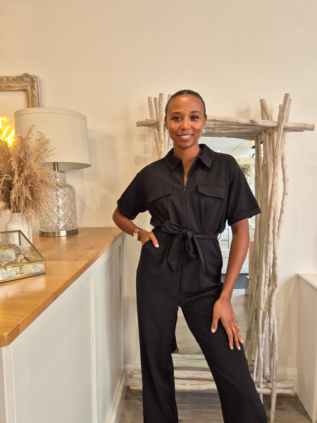 Only Short Sleeve Zip Front Jumpsuit In Black