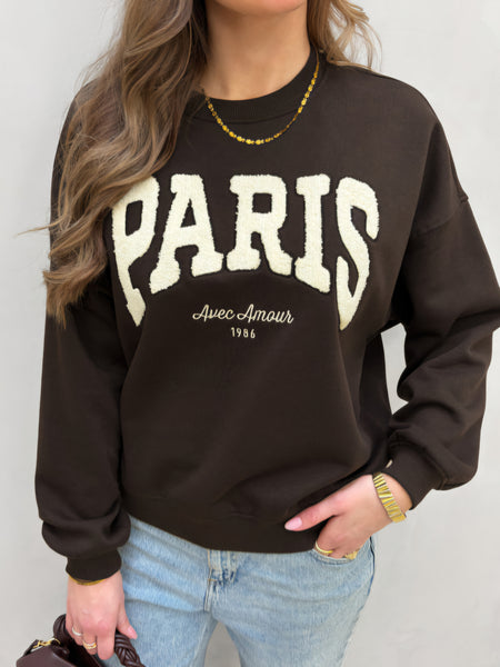 JDY Embroidered Paris Sweatshirt In Chocolate Brown