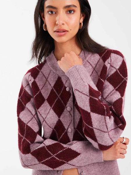 VM Pink & Burgundy Argyle Cropped Knit Cardigan